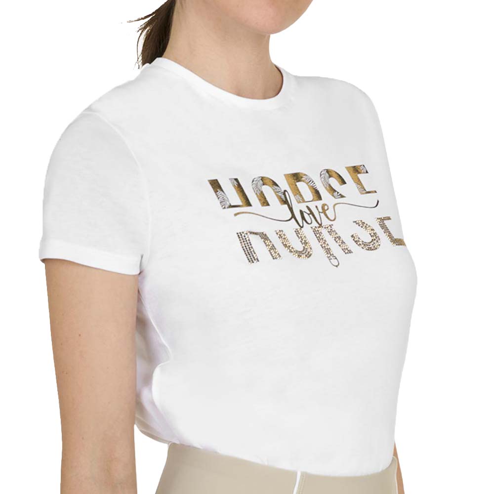 Equestro Damen T-Shirt aus Baumwolle mit Golddruck und Strass - 9872