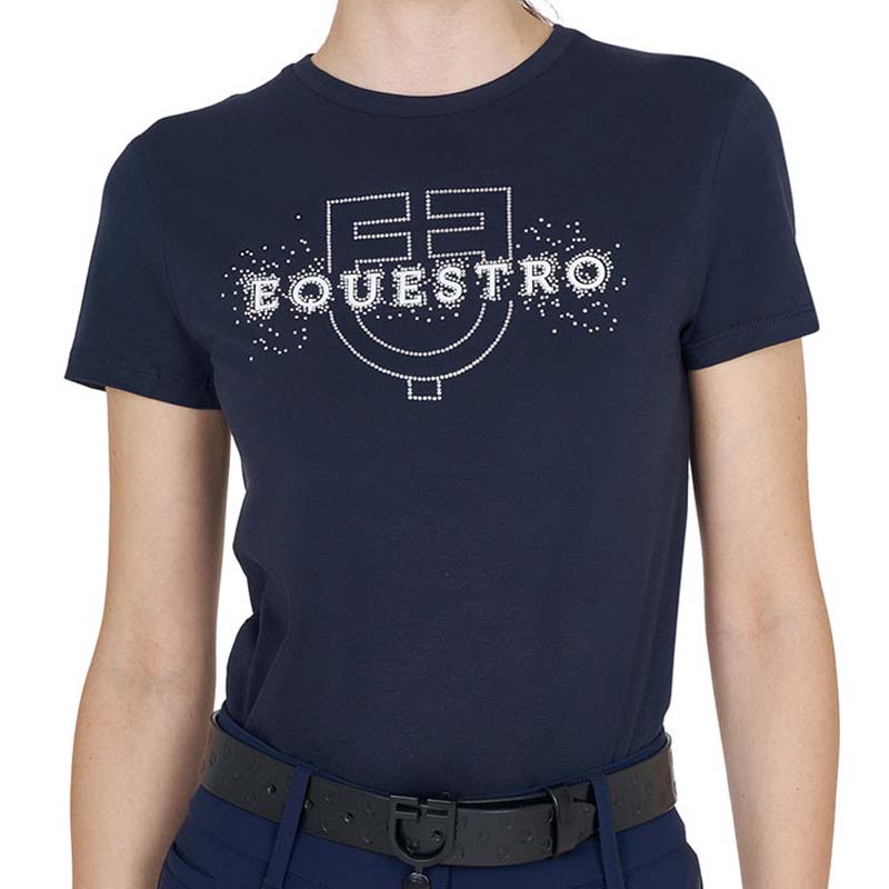 Damen T-Shirt Equestro aus Baumwolle mit Logo und Strass-Schriftzug - 9957