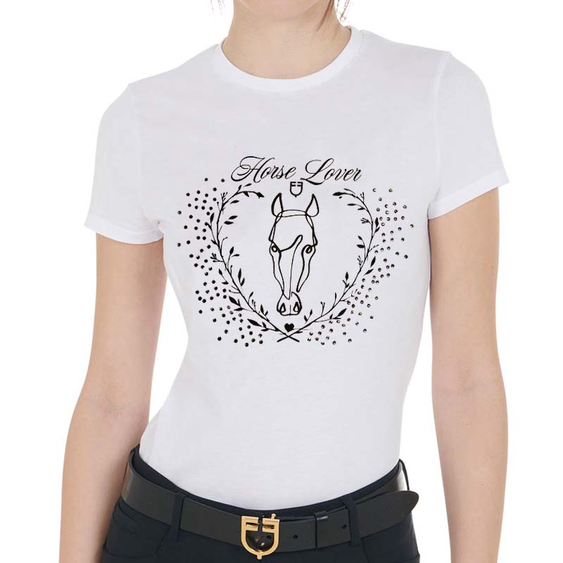 Equestro Damen T-Shirt aus Baumwolle mit “Horse Lover”-Print und Strass - 9058