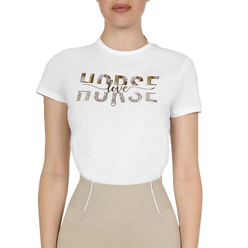 Equestro damen t-shirt aus baumwolle mit golddruck und strass