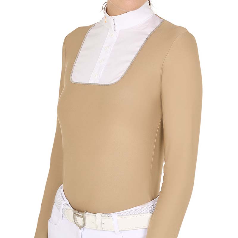 Equestro Damen Turnierpolo mit langen Ärmeln, Knöpfen und Glitzerdetails - 9856