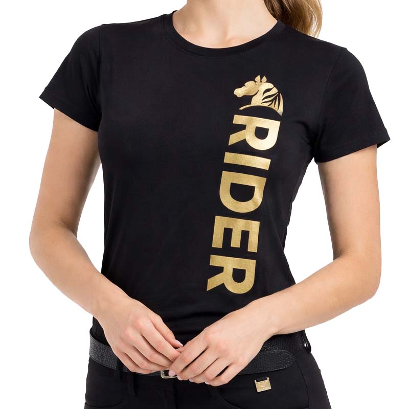 Damen reit t-shirt golden rider - schwarz mit goldenem druck