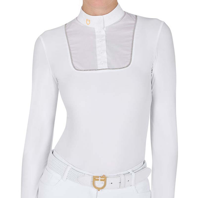 Equestro Damen Turnierpolo mit langen Ärmeln, Knöpfen und Glitzerdetails - 9856