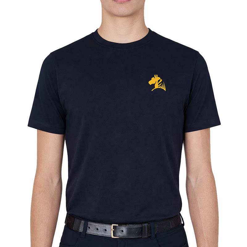 Herren reit t-shirt stallion spirit - blue edition mit senfgelbem druck
