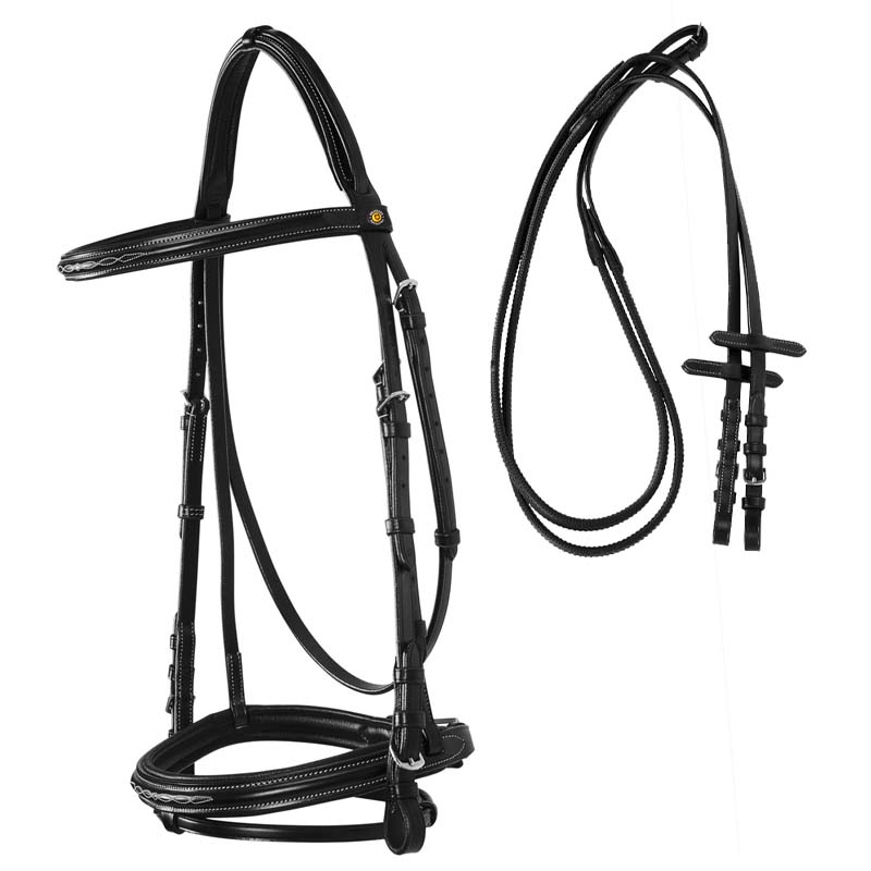 Equestro Englisches Zaumzeug aus Leder mit Deco New-Stickerei – mit Zügel - 2340