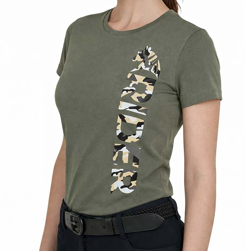 Damen reit t-shirt wild rider - grün mit camouflage-druck