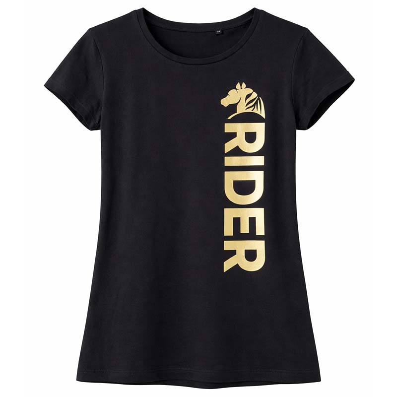 Damen Reit T-Shirt GOLDEN RIDER - Schwarz mit Goldenem Druck - 9394