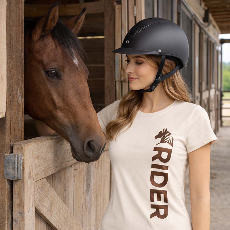 Damen Reit T-Shirt NATURAL RIDER - Weiß mit Schokoladenbraunem Druck - 9393