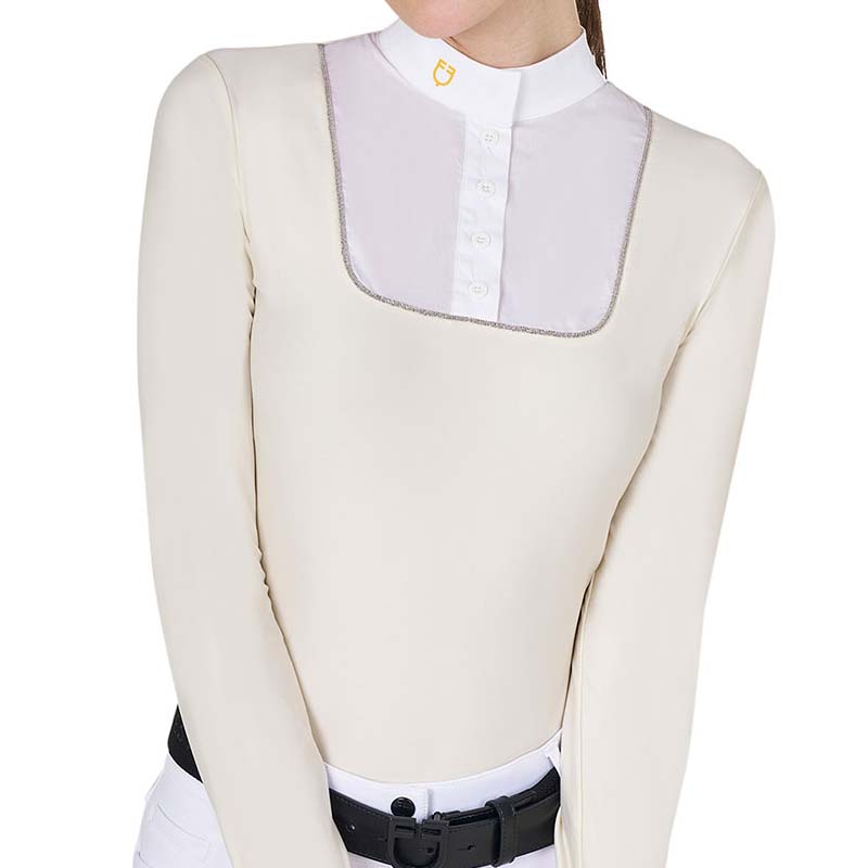 Equestro Damen Turnierpolo mit langen Ärmeln, Knöpfen und Glitzerdetails - 9856