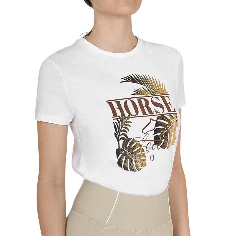 Equestro Damen T-Shirt aus Baumwolle mit Golddruck Horse Palm - 9870
