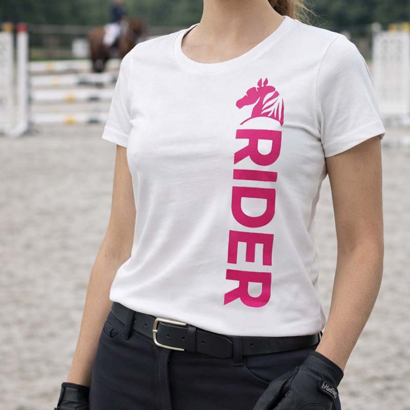 Damen Reit T-Shirt PINK RIDER - Weiß mit Fuchsia-Druck - 9396