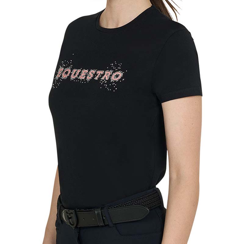 Damen T-Shirt Equestro aus Baumwolle mit rosa Schrift und Strass - 9960
